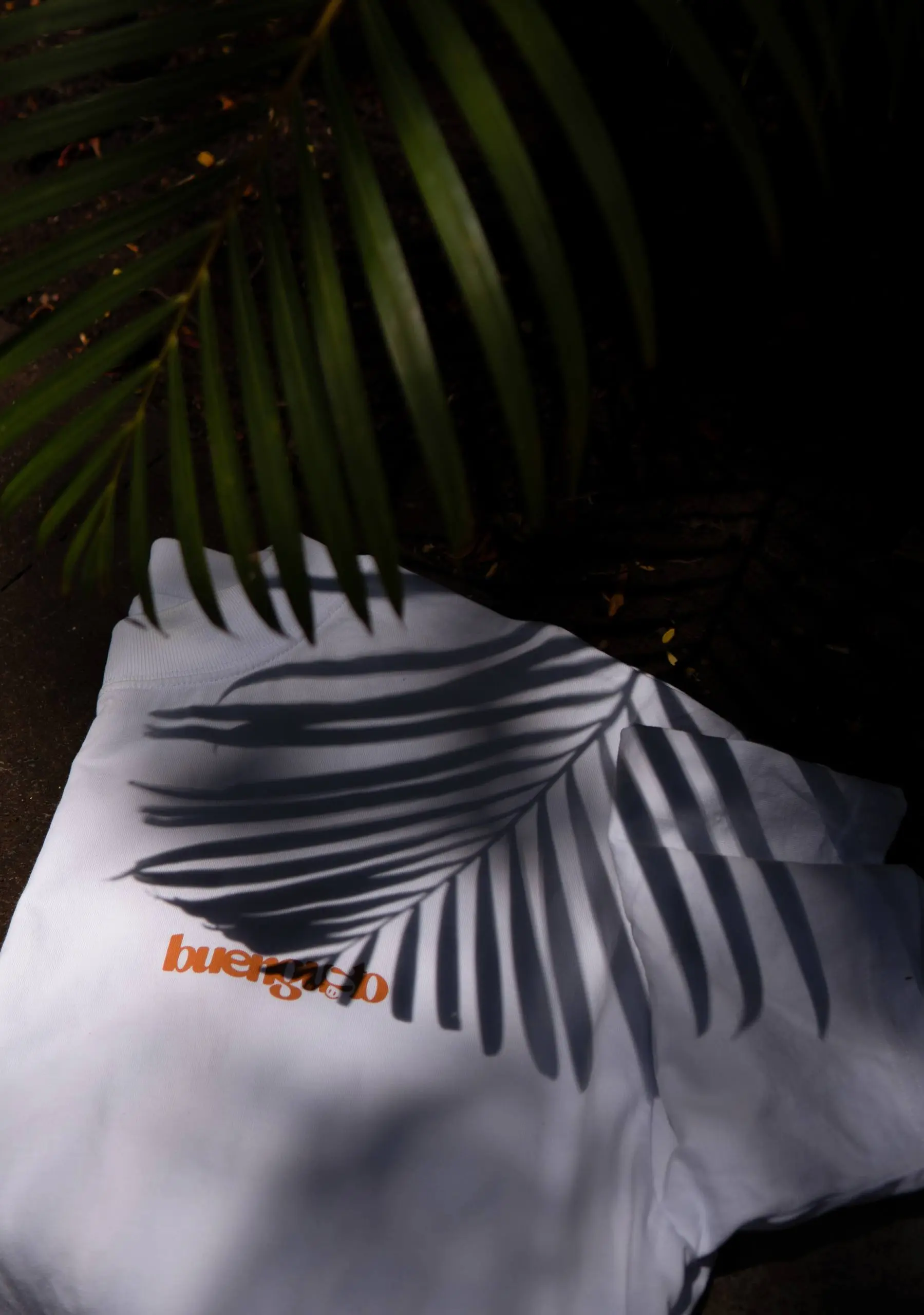 Detalle frontal de una camiseta blanca de BuengustoLab bajo sombras vegetales
