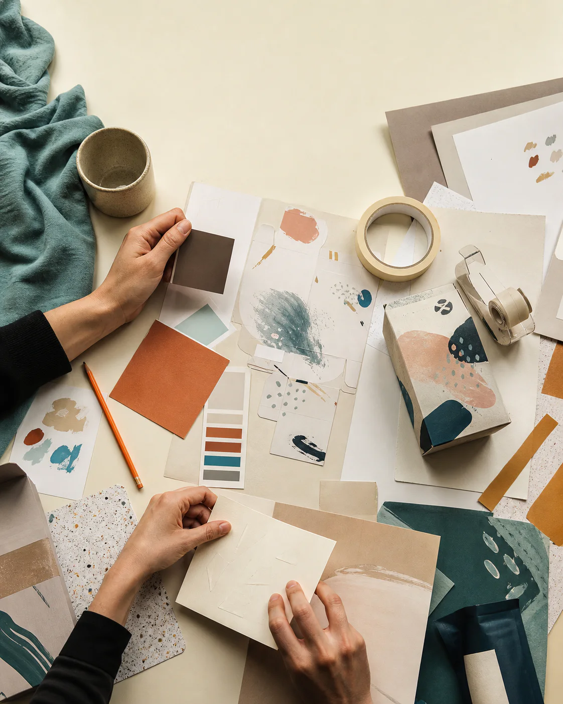 Mesa de dirección de arte con paletas, papeles y materiales de campaña