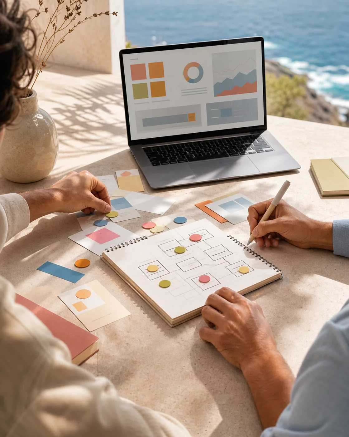Equipo de estrategia SEO ordenando arquitectura de contenidos y datos frente al Atlántico