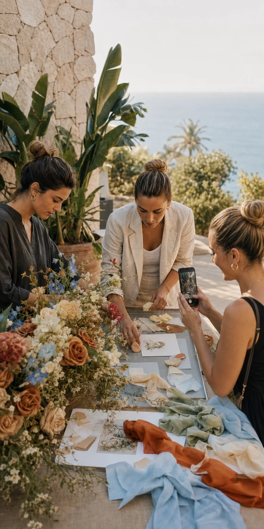 Creadora de contenido grabando una boda con un smartphone vertical en una finca de Tenerife